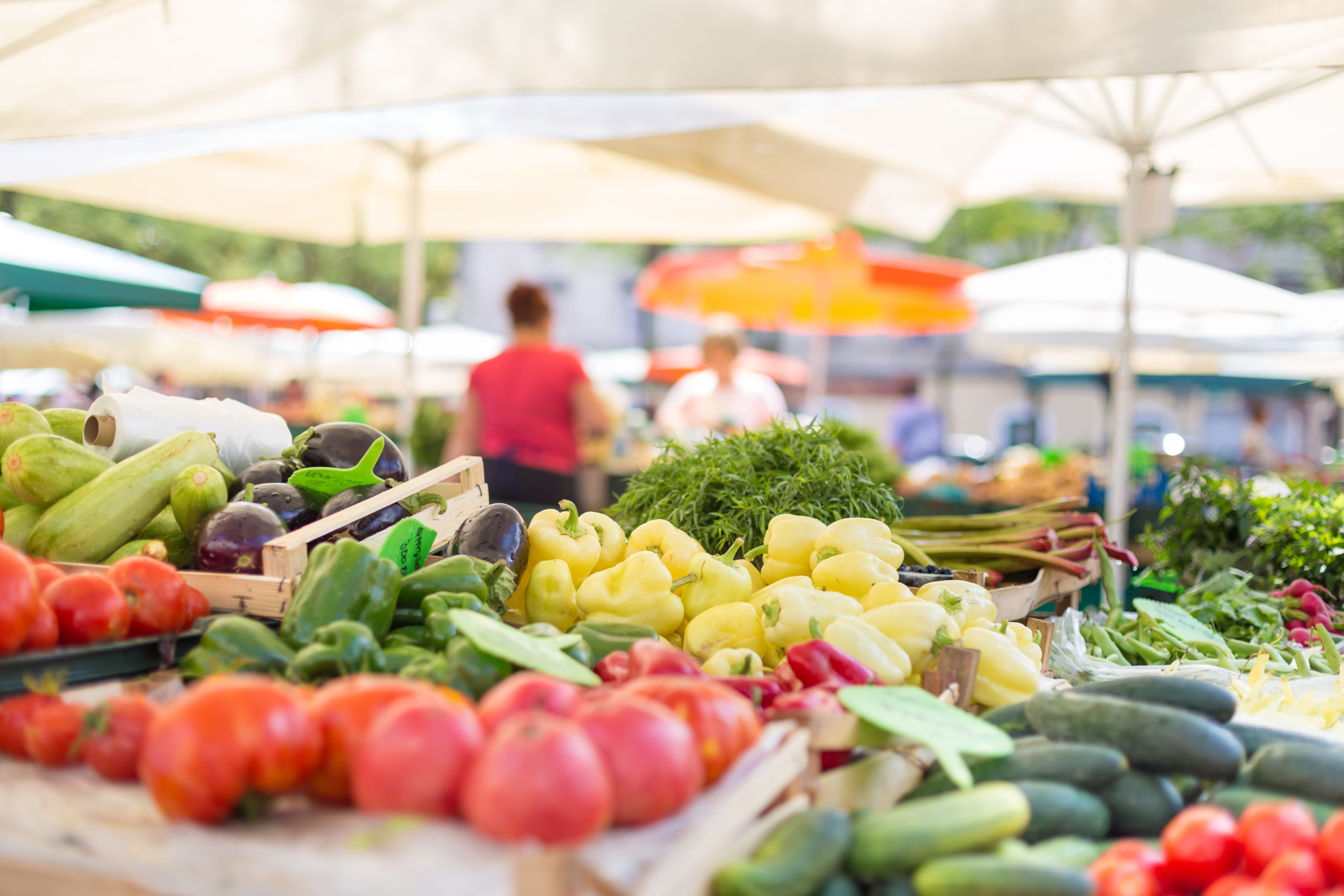 Farmers' food market stall with variety of organic vegetable. Consignes de ce que je dois trier dans mon bac d'emballages recyclables