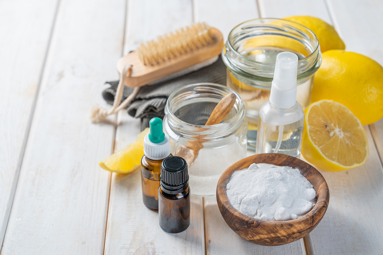 Zero waste and eco cleaners - ingredients on wood background