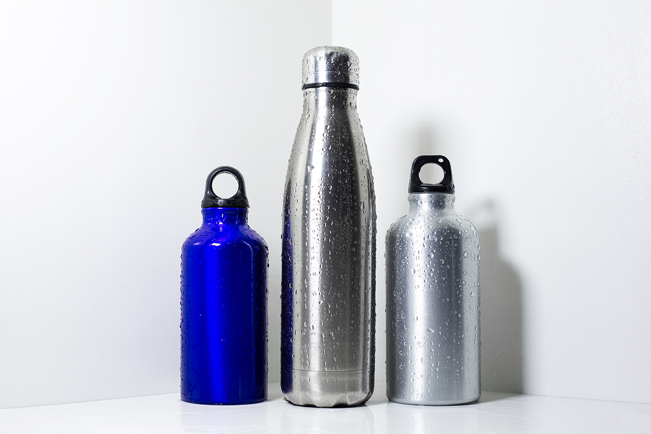 Steel and aluminium, eco thermo bottles for water, on white back